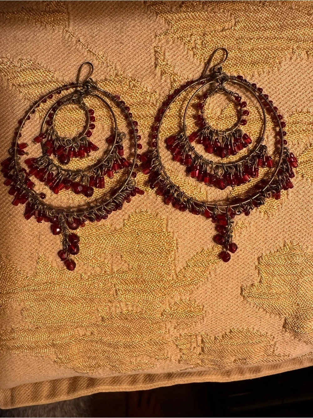 Layered Beaded Hoop Earrings in Gold & Red Like New